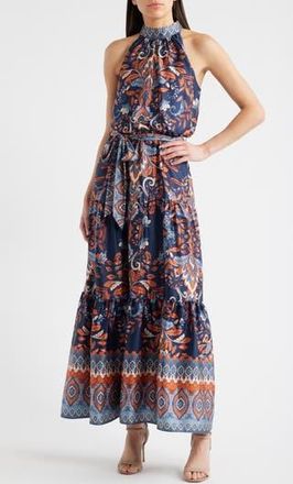 Julia Jordan Sleeveless Tiered Mock Neck Waist Tie Dress in Navy at Nordstrom Rack, Size 12