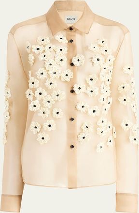 Khaite Argo Floral Applique Silk Button-Down Top