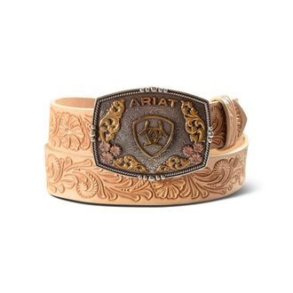 Ariat Womens Floral Emboss Leather Belt with Plate Buckle in Natural, Size Large, by Ariat