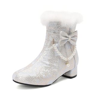 Generic Womens Faux Fur Lined Ankle Boots Round Toe Chunky Block Heels Bow Pearl Chain Comfortable Non-Slip Wear-Resistant for Tea Party Lolita Outfit Casual 