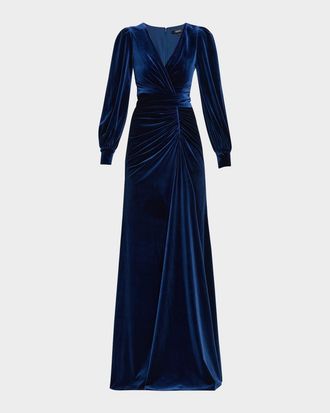 Badgley Mischka Pleated A-Line Velvet Gown