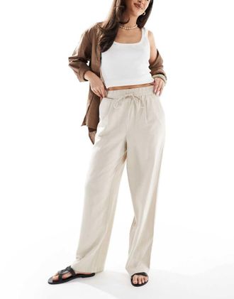 Vero Moda linen blend tie waist pants in stone-Neutral