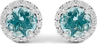 House of Brilliance 10K Gold Gemstone and 1/6 Cttw Diamond Halo Stud Earring in White | Blue Aquamarine at Nordstrom