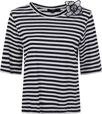 Seventy Cotton Jersey Stripes Boat Neck Flower T-Shirt