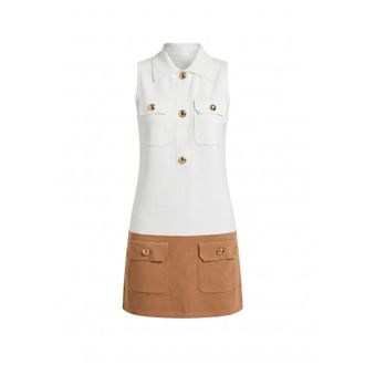 Elisabetta Franchi Short Dresses, female, White, Size: XL Boxy Knit Dress with Bicolor Band and Gold Buttons