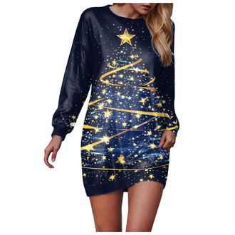 Generic Women Casual Christmas Dresses Snowflake Print Round Neck Long Sleeve Evening Elegant Cocktail Dress Xmas Costume Swing Skater Mini Novelty Outfits Dr