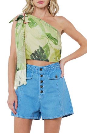 Ciebon Elsy Floral Print Asymmetric Crop Top in Citron Multi at Nordstrom, Size X-Small