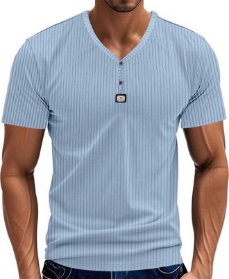 Generic Mens Slim Fit Ribbed Knit Fitted Cotton Shirt Muscle Henley T Shirts Stretch Short Sleeve V Neck Two Buttons Bodybuilding Workout Tee Shirts Light Blu