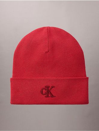 Calvin Klein Mens Monogram Embroidery Fine Rib Beanie - Red