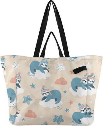 Generic Sloth Star Beige print Reusable Canvas Tote Bag, Heavy Duty Grocery Shopping Bag with Hard Bottom Large Capacity Double Handles Work Groceries Travel