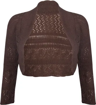 Generic New Ladies Womens Long Sleeve Crochet Bolero Shrug Plain Cropped Knitted Open Cardigan Tops 8-14 Dark Brown