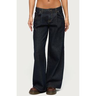 Edikted Pleated Low Rise Wide Leg Jeans in Dark-Blue-Washed at Nordstrom, Size X-Small