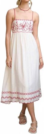 Blu Pepper Floral Embroidery Scalloped Midi Dress In White Red