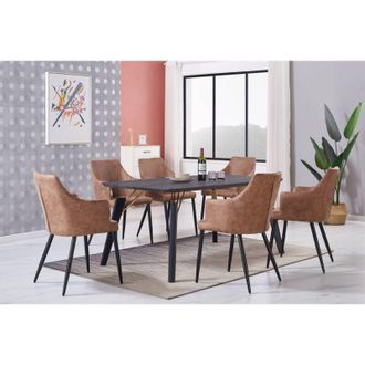 Life Interiors Cosmo lux Zarah Dining Set - un tavolo da pranzo in legno nero e un set di 6 sedie da pranzo in pelle marrone - Sala da pranzo Cucina