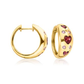 Ross-Simons Multi-Gemstone Heart Station Hoop Earrings in 18kt Gold Over Sterling