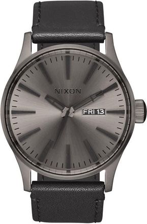 Nixon The Sentry Leather Strap Watch, 42mm in Black/Gunmetal at Nordstrom
