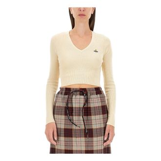Vivienne Westwood V-neck Knitwear, female, White, Size: XS Bea Cropped V-Neck