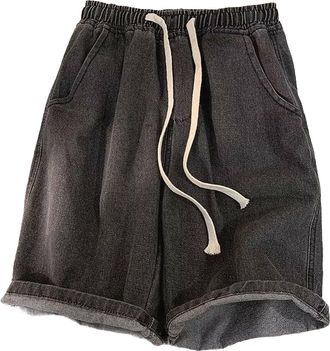 Generic Mens 5 Inch Jeans Shorts - Straight Wide Leg Baggy Elastic Waist Drawstring, Vintage Washed Casual Loose Denim Summer Leisure Short Pants Lightweight 