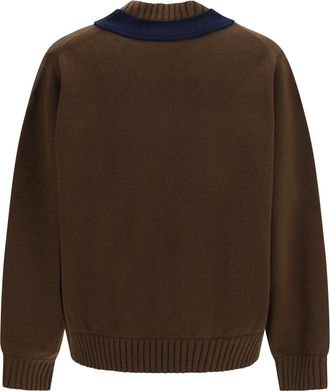 sacai Mens Wool Knit Cardigan With Integrated Scarf Brown&times;navy Merino Ovis Aries Sweater