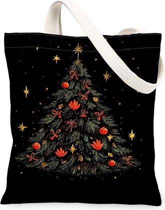 Generic Christmas Tree Canvas Tote Bags, Festive Floral Design Reusable Grocery Bags, Vintage Lightweight Washable Shoulder Strap C, Black, 13x15 Inch
