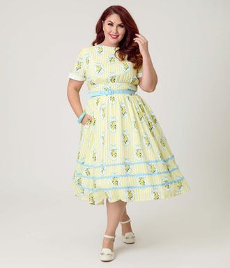Unique Vintage Plus Size Boatneck Ricrac Swing Dress in Yellow Stripe W/Lemon Print at Nordstrom, Size 2X