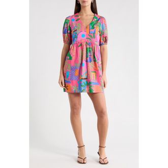 Sugarlips Lanus City Jerome Cotton Babydoll Dress in Fuchsia-Multi at Nordstrom, Size X-Small