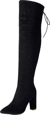 Generic Womens Sexy Over-The-Knee Boots Pointed Toe Super High Block Heel Slip On With Tied Detail For Party Dating