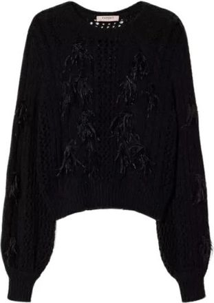 Twinset Wollen en Alpaca Trui met Veren - Dames - Ronde hals truien - Zwart - S - Wol - Truien & Vesten