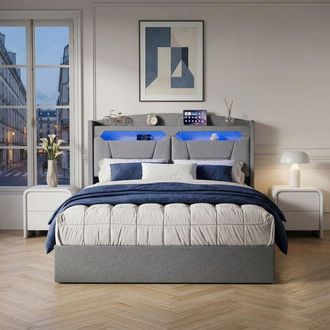 OEM Lit Coffre - Pocketpop - 140x190 - Almacenamiento Hidr&aacute;ulico - Usb Y Led Integrados - Revestimiento De Lino Gris