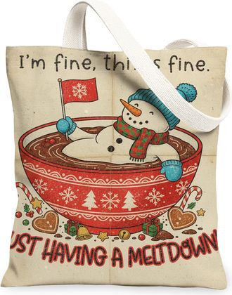 Generic Christmas Snow Man Canvas Tote Bags, Fun Holiday Design Reusable Grocery Bags, Winter Vintage Lightweight Washable Shoulder, Beige, 13x15 Inch