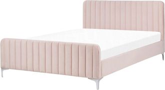 Beliani Velvet eu Double Size Bed Tufted Headboard 4ft6 Metal Legs Slat Base Pastel Pink Lunan