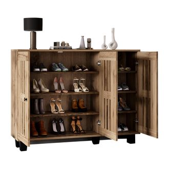 STILVORA Aparador Con 3 Puertas Caladas, 8 Compartimentos Y Encimera, Estilo Natural, En Tablero De Part&iacute;culas, 120&times;32&times;92 Cm