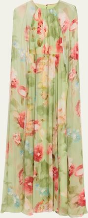 Teri Jon Floral-Print Chiffon Cape Gown