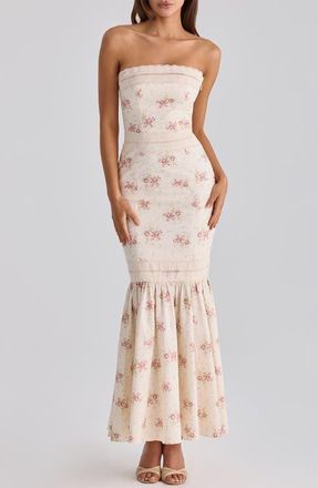 House of CB Alessina Floral Print Gown in Ivory Vintage Rose Print at Nordstrom, Size X-Small