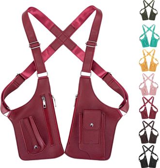 Generic Multi-Pocket Anti-Theft Double Shoulder Bag for Travel and Daily Use, Adjustable PU Leather Underarm Bag for Man Outdoor (Red)