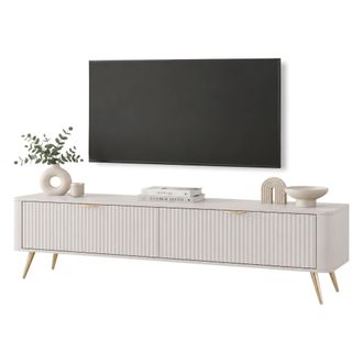 Dmora Mueble Tv Kalase, Un Estante, 2 Puertas, Efecto Rayado Con Patas, 163x38x51h Cm Blanco
