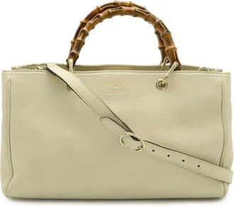 Gucci Light Beige Leather Bamboo Handbag Shoulder Bag Tote Bag (Pre-Owned)