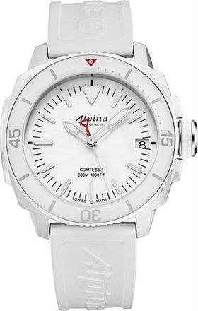 Alpina Seastrong Diver Comtesse Mother-of-Pearl Rubber Strap Watch, 34mm in White at Nordstrom Rack