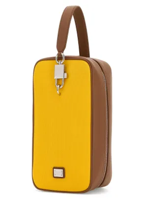 Dolce & Gabbana Mens Two-Tone Leather And Canvas Lock Handbag Giallocaramello Borse A Mano