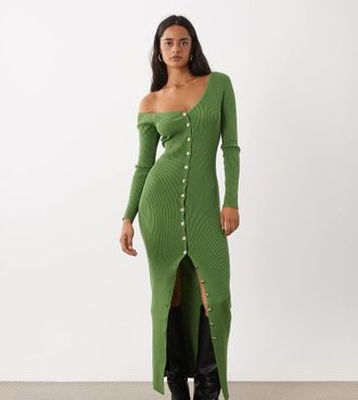 KAIIA esclusivo vestito maxi in maglia a coste con scollo asimmetrico e bottoni, verde