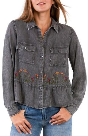BILLY T Life is a Flower Embroidered Button-Up Shirt in Grey Wash at Nordstrom, Size X-Large