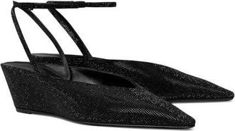 Tory Burch Ankle Strap Pav&eacute; Pointed Toe Wedge Pump in Perfect Black at Nordstrom, Size 10.5