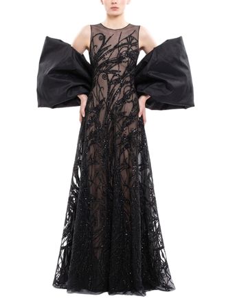 Saiid Kobeisy Bronze Tulle Evening Dress With Embroidery And Dramatic Cape