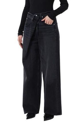 A Gold E Vana Fold Waistband Wide Leg Jeans in Arcane Dark Black at Nordstrom Rack, Size 28