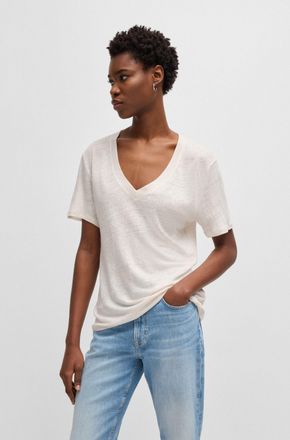 Boss Orange by Hugo Boss T-Shirt BOSS ORANGE Ela Premium Damenmode, Damen, Gr. XL, open wei&szlig; 118, Single Jersey, Obermaterial: 100% Leinen, unifarben, normal, V-Ausschnitt, Sh