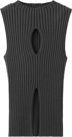 Mango Cutout Sleeveless Cotton Blend Rib Top in Charcoal at Nordstrom, Size Medium