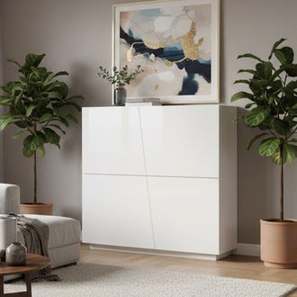 Dmora Aparador De Dise&ntilde;o Moderno Con 4 Puertas Batientes, Made In Italy, Buffet De Cocina, Aparador Con Estantes De Cocina, 120x43h126 Cm, Color Blanco Bril