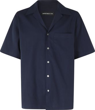 Department Five Navy Blue Cape Camp-Collar Patch-Pocket Cotton Casual Shirt