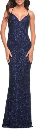 La Femme Luxurious Soft Sequin Dress with V Neckline in Navy at Nordstrom, Size 00