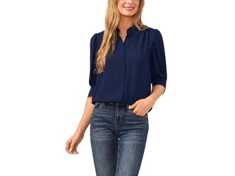 CeCe by Cynthia Steffe Elbow Sleeve Open Collar Blouse Womens Clothing Classic Navy : XS, Down/Polyester